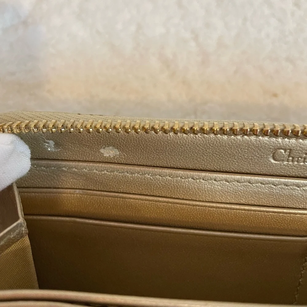 EUC Lady Dior Voyageur Cannage Gold Leather Zip Around Wallet with Logo charm